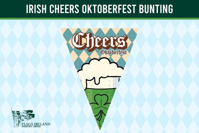 A triangular pennant flag design for 'Cheers Oktoberfest' featuring a beer glass with white foam and a green shamrock, set against a blue and white harlequin pattern background with a dark green header reading 'IRISH CHEERS OKTOBERFEST BUNTING'.