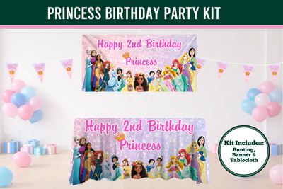 Princess birthday kit made of knitted polyester material, all disney princess included, pink and purple on a party cenary background. banner, tablecloth and bunting all princess personalised.