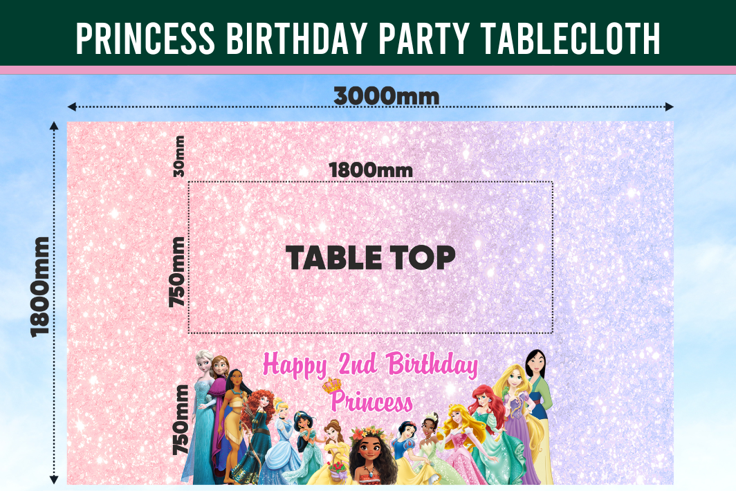 Princess-themed birthday party tablecloth with dimensions and character illustration. All disney princess included.