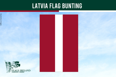 Latvia flag bunting with two red and one white stripe against a blue sky background, branded by Flags Ireland.
