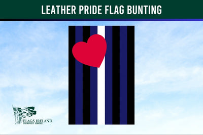 Leather Pride Flag Bunting with a red heart on a blue and white striped background, branded by Flags Ireland.