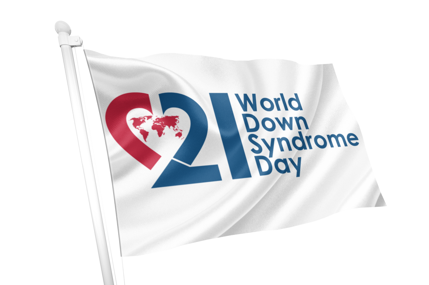 Flag with World Down Syndrome Day logo featuring a heart and world map design.