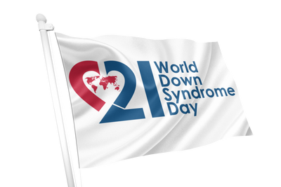 Flag with World Down Syndrome Day logo featuring a heart and world map design.