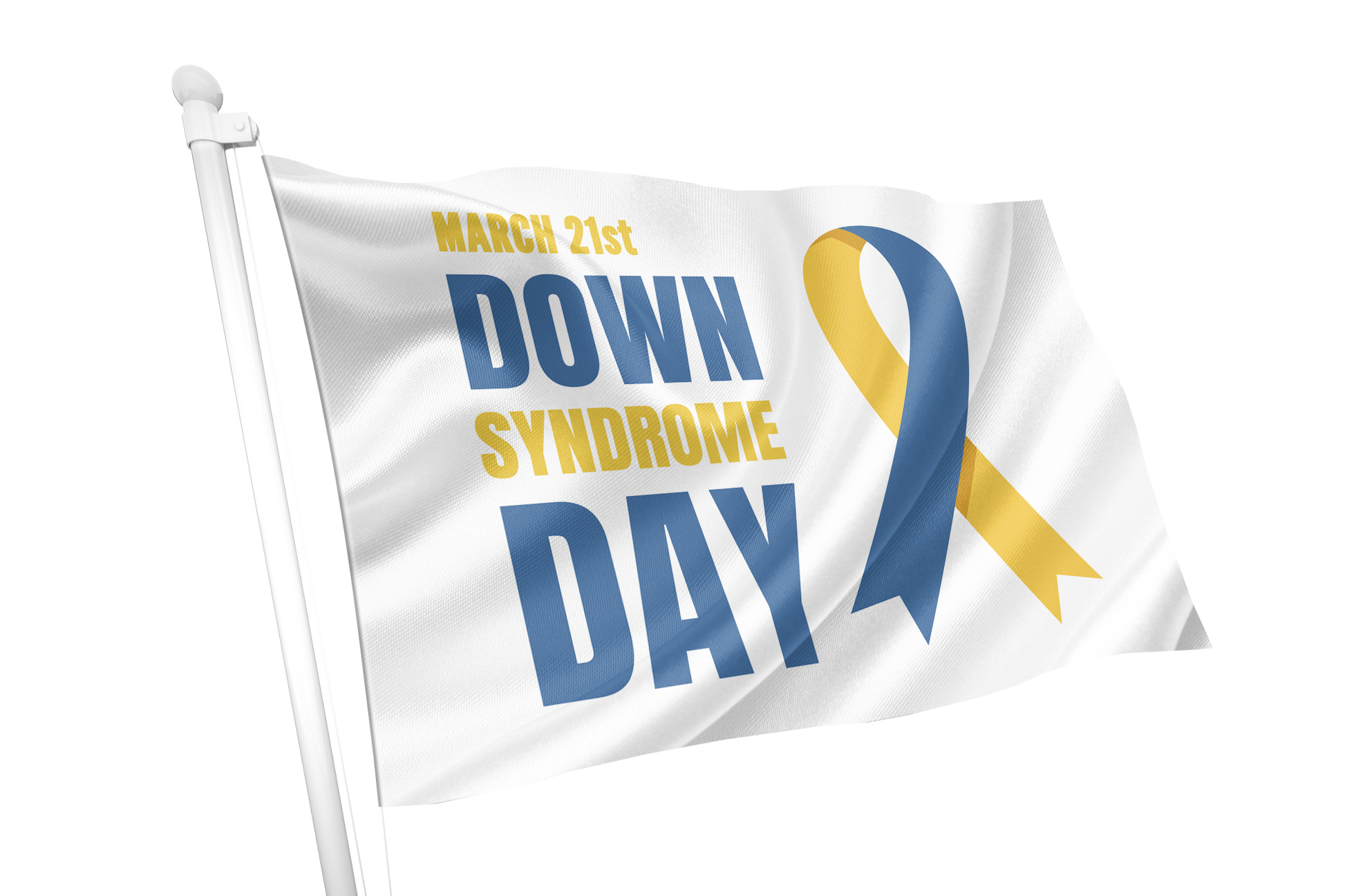 Flag with 'Down Syndrome Day' text and yellow ribbon on a white background