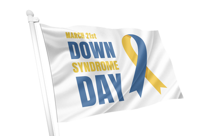Flag with 'Down Syndrome Day' text and yellow ribbon on a white background