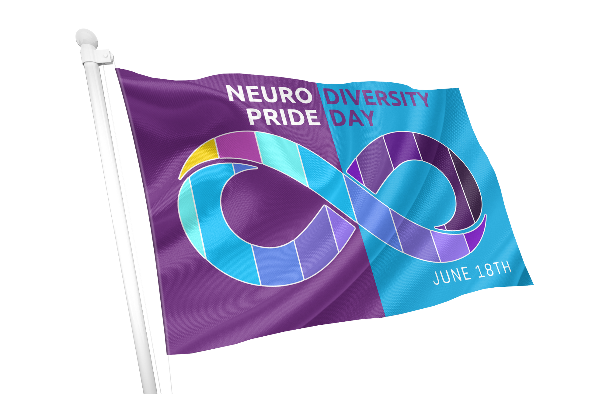 Neurodiversity Day flag with colorful design and text on a white background