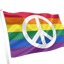 Rainbow flag with a peace symbol on a white background