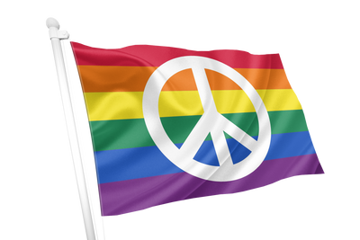 Rainbow flag with a peace symbol on a white background