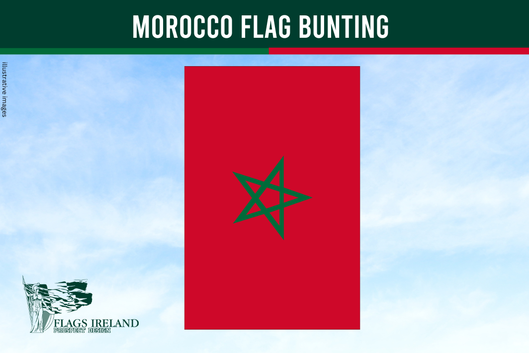 Moroccan flag bunting with a red background and green star, against a blue sky.