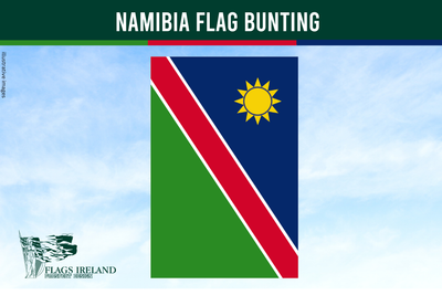 Namibia flag bunting with a blue sky background and 'Flags Ireland' logo.