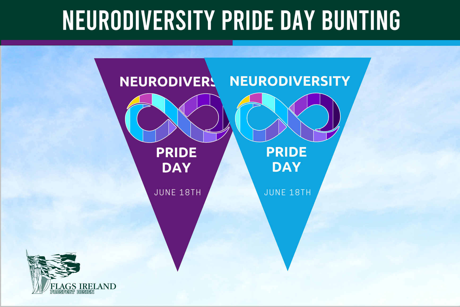 Neurodiversity Pride Day bunting flags with a blue sky background