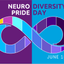 Neuro Diversity Day logo with interlocking circles on a purple and blue background