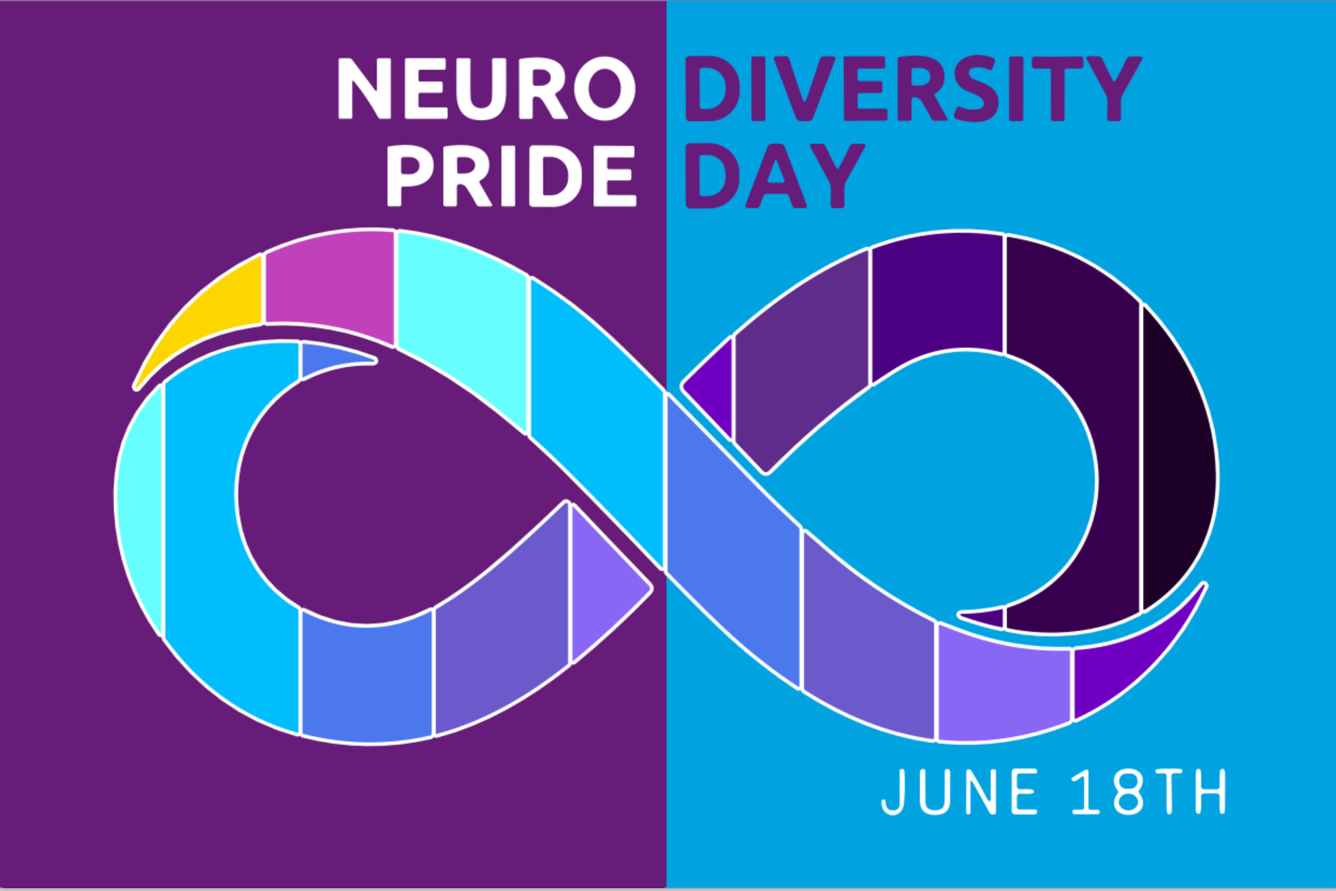 Neuro Diversity Day logo with interlocking circles on a purple and blue background