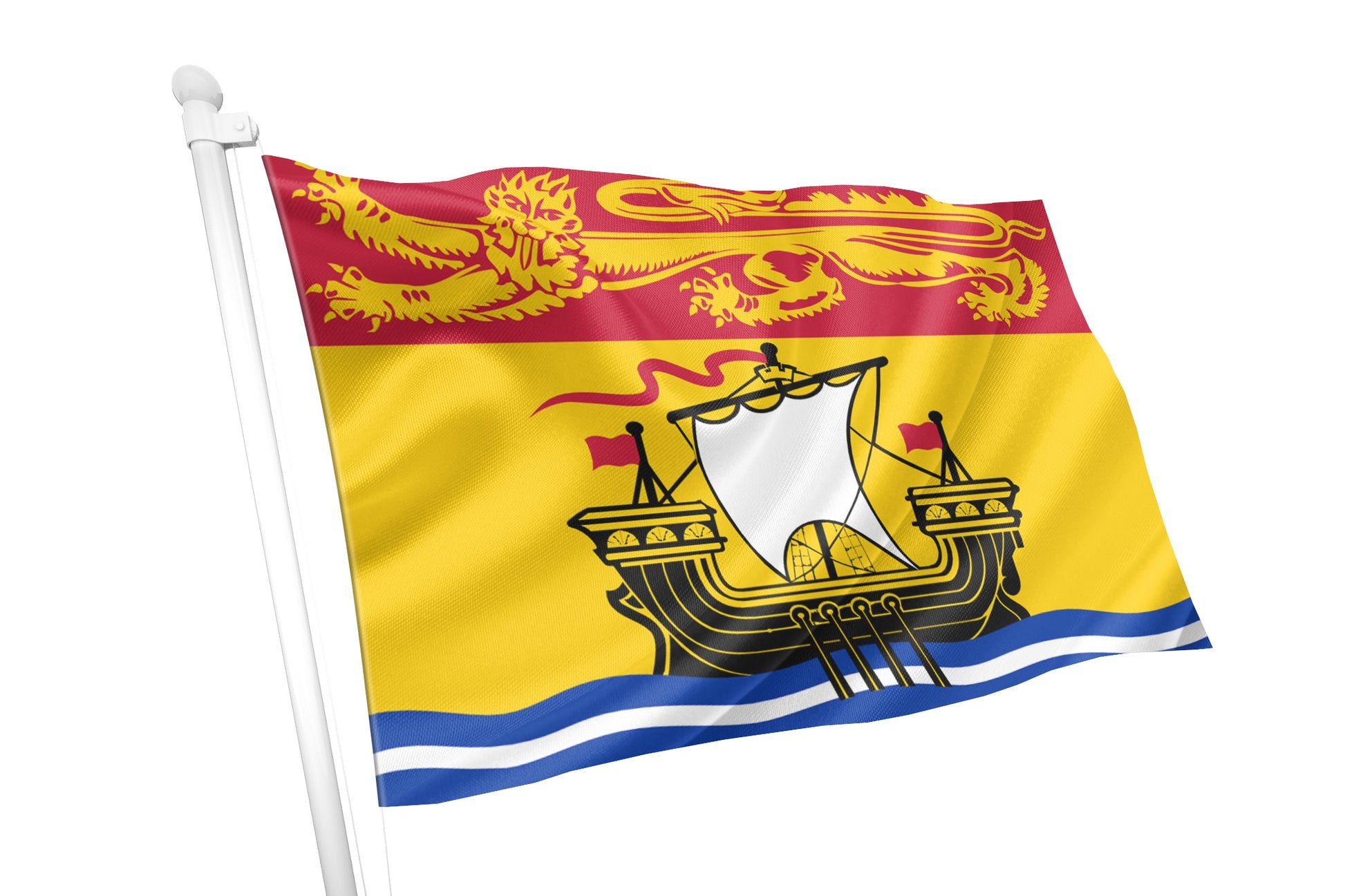 Flag with a ship emblem and lion design on a white background. New Brunswick Flag.