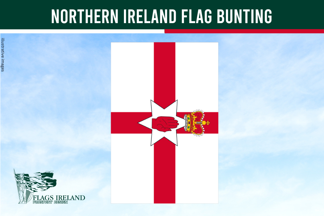northern ireland flag bunting, rectangular, white background and red cross in the middle with crest on a blue sky background