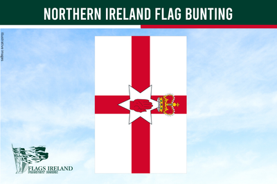 northern ireland flag bunting, rectangular, white background and red cross in the middle with crest on a blue sky background