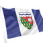 Flag with a coat of arms on a white background. The Northwest Territories Flag blue and white stripes with crest in the middle