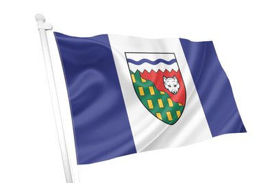 Flag with a coat of arms on a white background. The Northwest Territories Flag blue and white stripes with crest in the middle