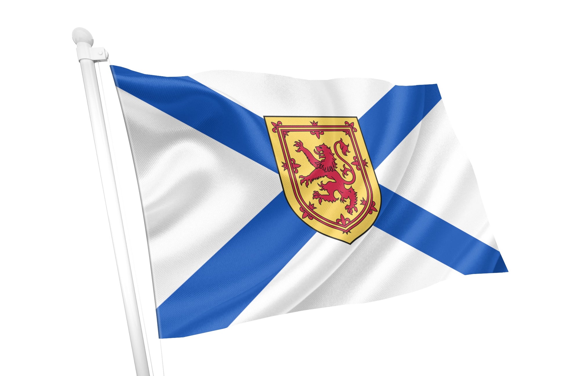 The flag of Nova Scotia consists of a blue saltire on a white field defaced with the royal arms of Scotland. Nova Scotia Flag Flying
