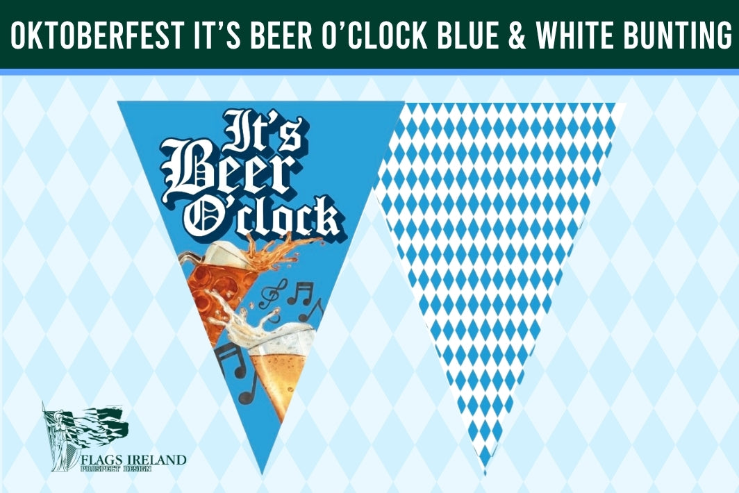 Blue and white Oktoberfest bunting banner flag pennant with 'It's Beer O'clock' text and Bavarian diamond pattern, shown on a light blue background.