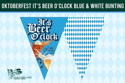 Blue and white Oktoberfest bunting banner flag pennant with 'It's Beer O'clock' text and Bavarian diamond pattern, shown on a light blue background.