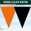 A graphic showing two large inverted triangles side by side in orange and black on a pale blue sky background, with a dark green banner at the top reading 'ORANGE & BLACK BUNTING' and a small 'Flags Ireland' logo in the lower left.