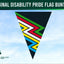 Colorful bunting with zigzag pattern against a blue sky, featuring the text 'Original Disability Pride Flag Bunting' and 'Flags Ireland'.