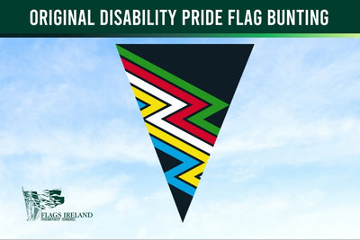 Colorful bunting with zigzag pattern against a blue sky, featuring the text 'Original Disability Pride Flag Bunting' and 'Flags Ireland'.