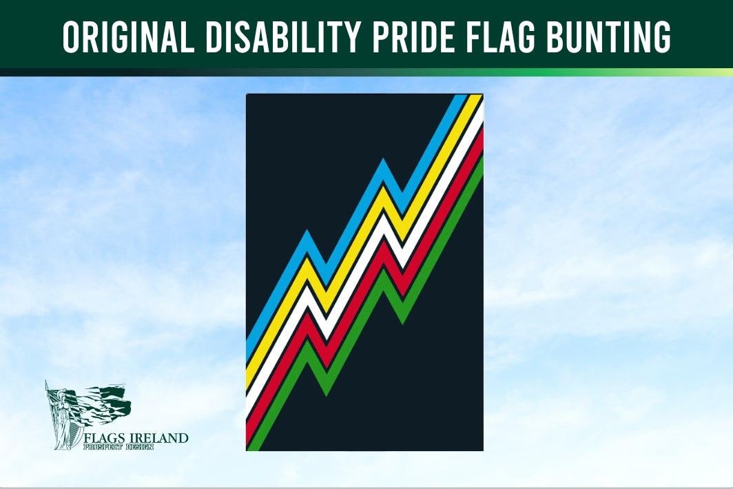 Original Disability Pride Flag Bunting with colorful zigzag pattern on a blue sky background, featuring the Flags Ireland logo.