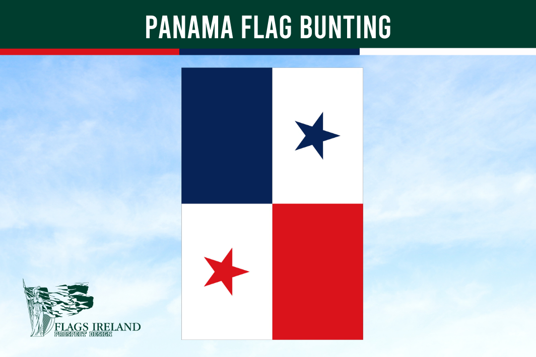 Panama flag bunting with a blue, white, and red design on a clear sky background.