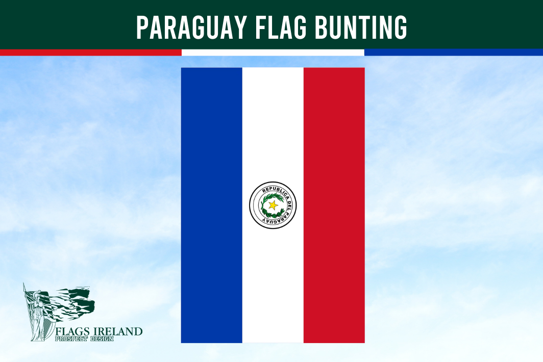 Paraguay flag bunting with blue, white, and red stripes on a clear sky background.