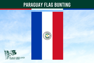 Paraguay flag bunting with blue, white, and red stripes on a clear sky background.