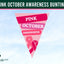 A triangular pink and red pennant flag with the text 'PINK OCTOBER AWARENESS' and a pink ribbon, shown against a light blue sky background. A dark green banner at the top reads 'PINK OCTOBER AWARENESS BUNTING', and the 'Flags Ireland' logo appears in the lower left. Pink October Awareness Bunting. Breast Cancer Bunting.