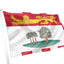 Flag with a red and white background, featuring a yellow lion emblem and green tree design. Prince Edward Island Flag.