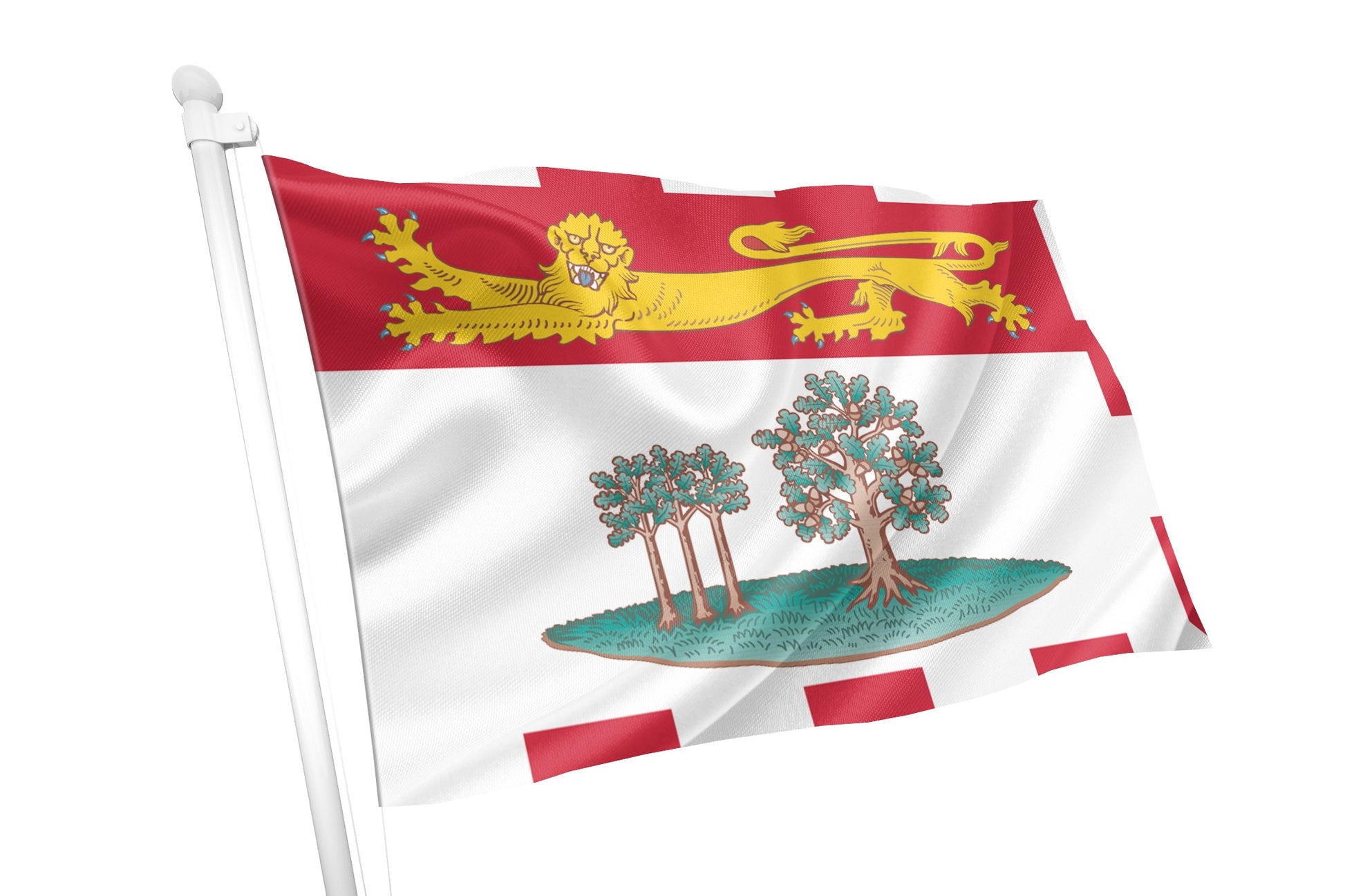 Flag with a red and white background, featuring a yellow lion emblem and green tree design. Prince Edward Island Flag.