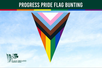 Progress Pride Flag bunting with a clear sky background, featuring the Flags Ireland logo.