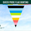 Queer pride triangle flag bunting with a blue sky background and Flags Ireland logo.