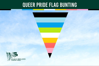 Queer pride triangle flag bunting with a blue sky background and Flags Ireland logo.