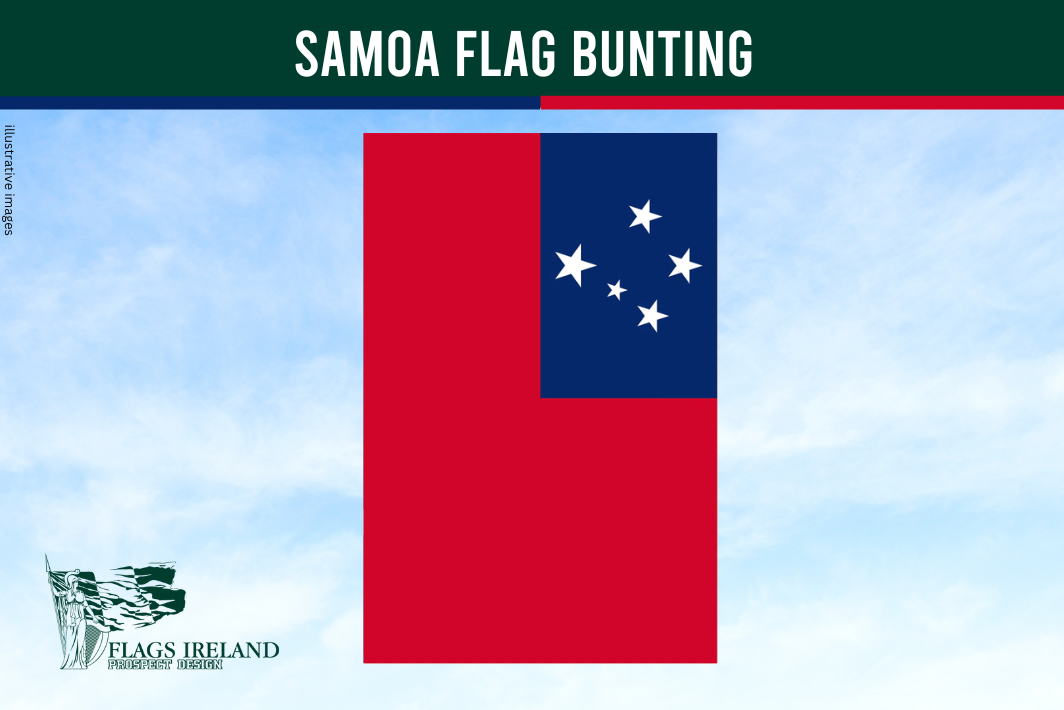 Samoa flag bunting with a blue and red design on a clear sky background, featuring the brand 'Flags Ireland'.