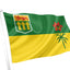 Flag with green and yellow background, featuring a coat of arms and floral design.