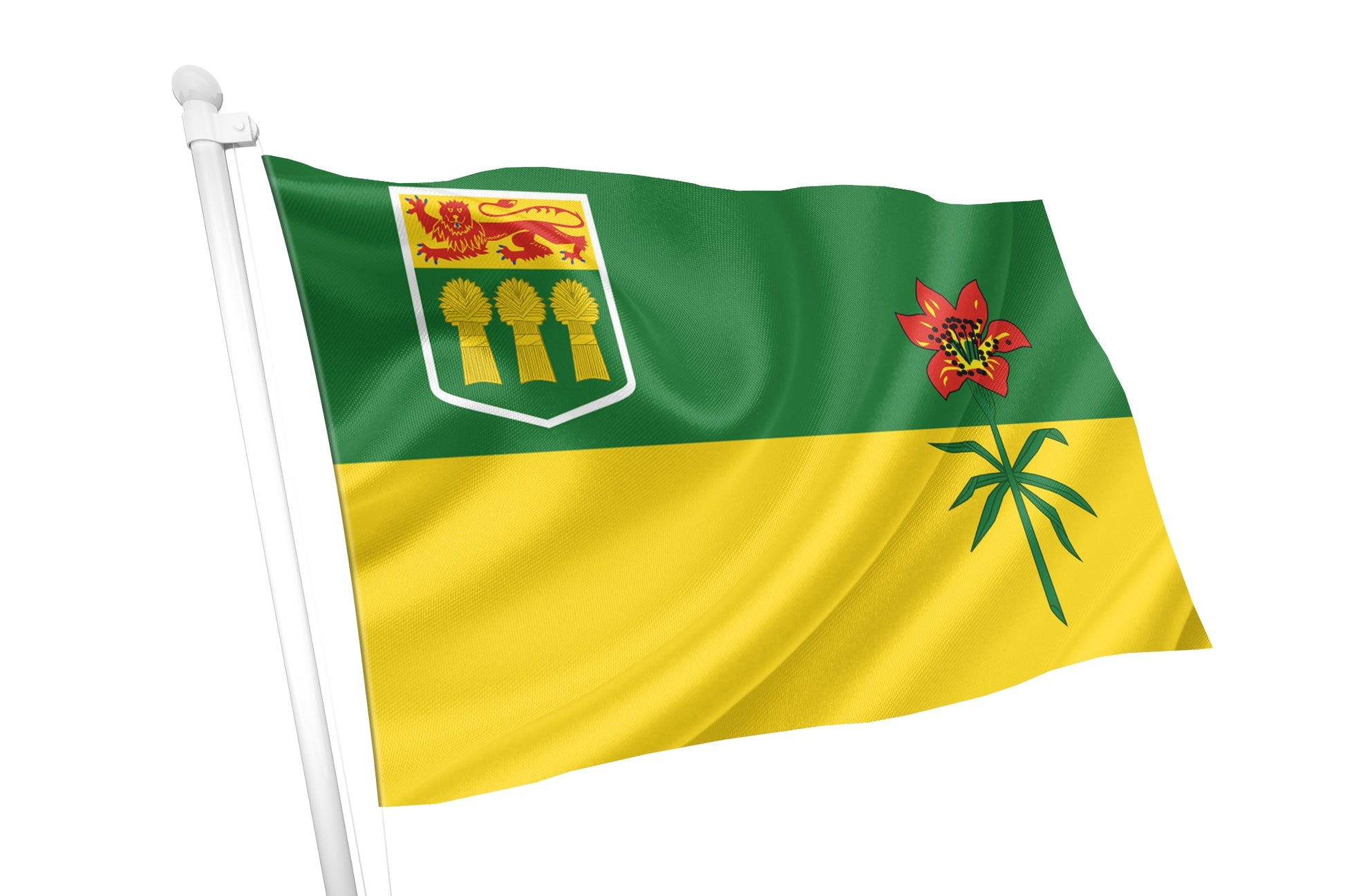 Flag with green and yellow background, featuring a coat of arms and floral design.