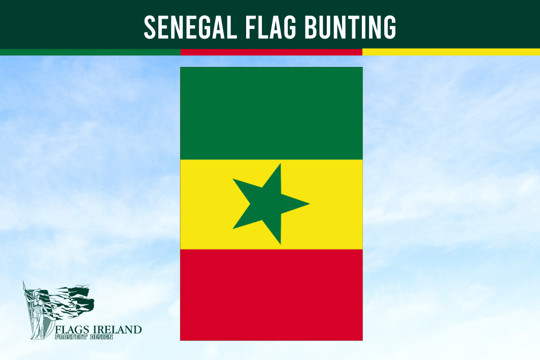 Senegal flag bunting with green, yellow, and red colors on a blue sky background.