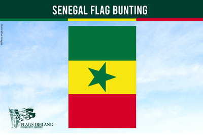 Senegal flag bunting with a green star on a blue sky background, featuring the brand 'Flags Ireland'.