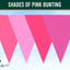 A graphic showing four overlapping pink triangular bunting flags in different shades of pink against a light blue sky background, with a dark green banner at the top reading 'SHADES OF PINK BUNTING' and a small 'Flags Ireland' logo at bottom left.