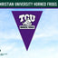 Purple triangle-shaped bunting with TCU Horned Frogs logo against a blue sky