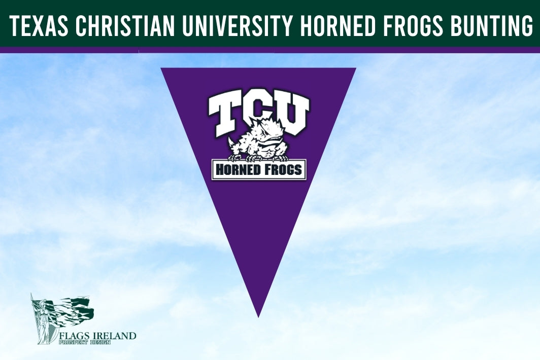 Purple triangle-shaped bunting with TCU Horned Frogs logo against a blue sky