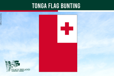Tonga flag bunting with a red and white design featuring a red cross on a blue sky background, branded by Flags Ireland.