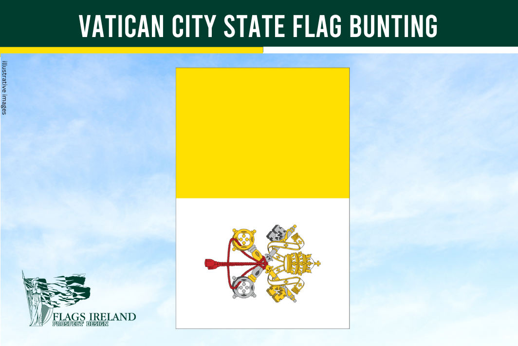 vatican city state rectangle flag, papal flag, catholic flag, yellow and white with crest on a blue sky background