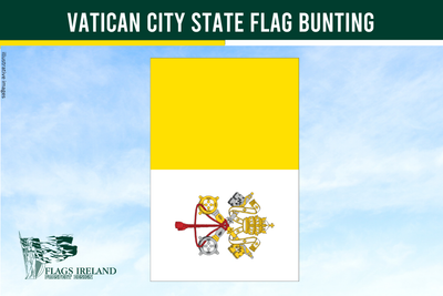 vatican city state rectangle flag, papal flag, catholic flag, yellow and white with crest on a blue sky background