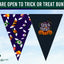 Halloween-themed triangular pennant banner flags with a purple patterned flag featuring bats, skulls, and candy corn, and a dark navy flag with a 'Trick or Treat' pumpkin graphic. A dark green banner at the top reads 'WE ARE OPEN TO TRICK OR TREAT BUNTING' with the 'Flags Ireland' logo in the bottom left on a light blue sky background.